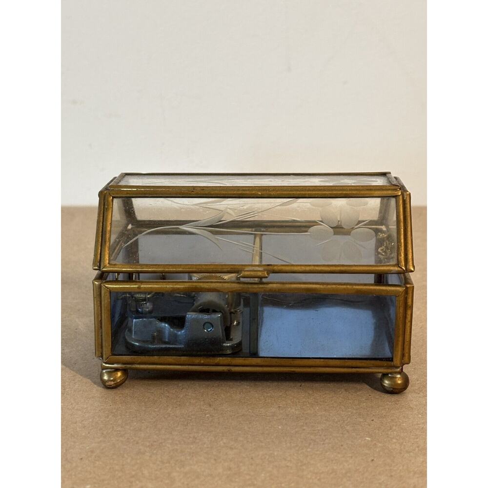 Sankyo Jewelry & Music Box Footed Brass Etched Glass Lara's Theme 4.5x3" Vintage